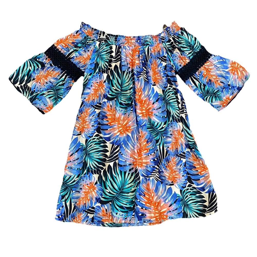 JL Women's XL Off Shoulder Crochet Knit Midi Dress 3/4 Bell Sleeve Palm Print
